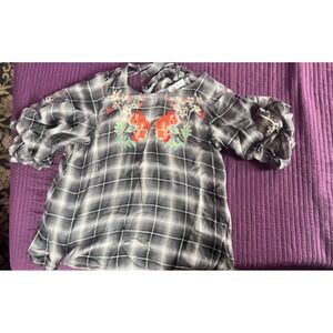 THML Women's Black White Plaid Embroidered Floral Tie Back Casual Shirt Top‎ L
